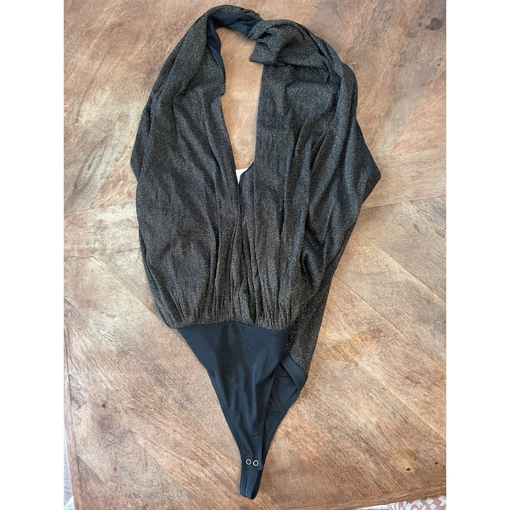 Abercrombie & Fitch Metallic Halter Bodysuit XL Black Gold Deep V-Neck New